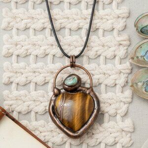 Boho Chic Copper Heart Pendant Necklace | Genuine Tiger's Eye & Abalone Shell